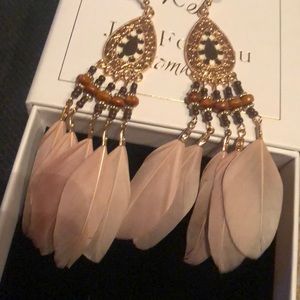 Boho Feather Long Earrings in Box Designer Mauve